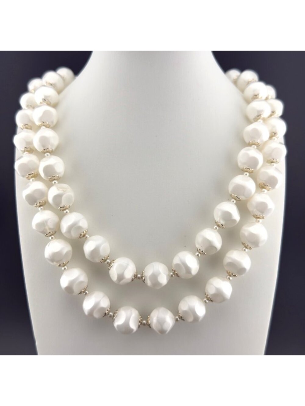 Vintage Chunky Beaded Acrylic Necklace White Satin Look Two Strand Japan